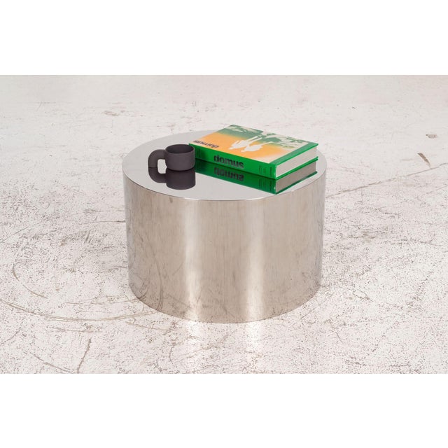 Custom Polished Metal Drum Side Table in the Style of Brueton, 1980 For Sale - Image 4 of 6