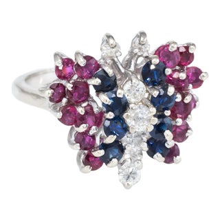 Gemstone Butterfly Ring Vintage Diamond Ruby Sapphire 14 Karat White Gold Estate size 6 For Sale