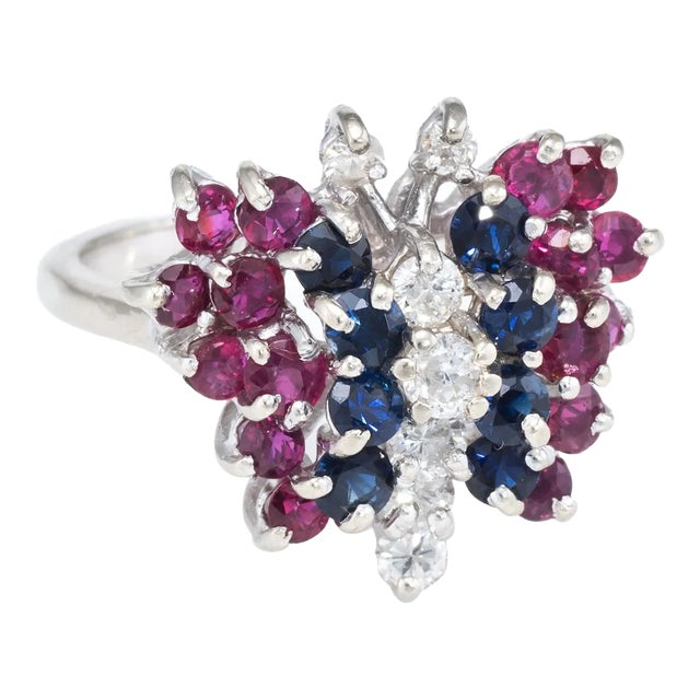 Gemstone Butterfly Ring Vintage Diamond Ruby Sapphire 14 Karat White Gold Estate size 6 For Sale