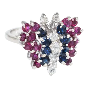 Gemstone Butterfly Ring Vintage Diamond Ruby Sapphire 14 Karat White Gold Estate size 6