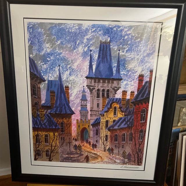 Seriagraph by American Ukrainian artist Anatoliy Krasniansky depicting old Prague sighed framed