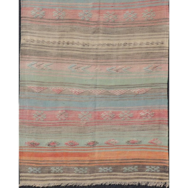 Orange Vintage Turkish Kilim Runner With Pastel Coral, Sage and Blue Stripes For Sale - Image 8 of 10
