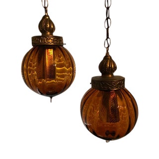 1960s Swag Hanging Amber Blown Glass Globe Pendant Lights - a Pair For Sale