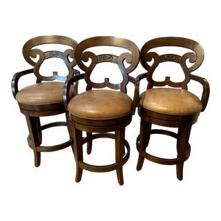 Guy Chaddock Leather Swivel Counter Height Stools - Set of 3 For Sale