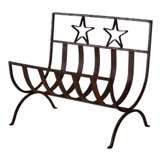 Rustic Western Style Wrought Iron Fireplace Log Holder Open Stars Cutouts Detail Vintage For Sale