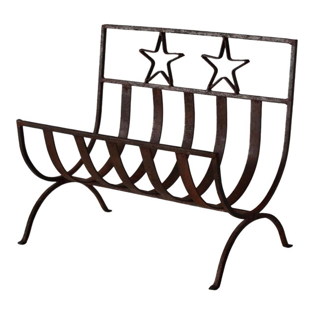 Rustic Western Style Wrought Iron Fireplace Log Holder Open Stars Cutouts Detail Vintage For Sale