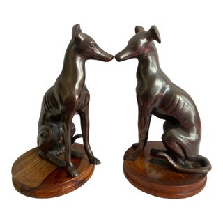 Mid 20th Century Art Deco French Bronze Figural Dog Greyhound Whippet Bookends - a Pair For Sale