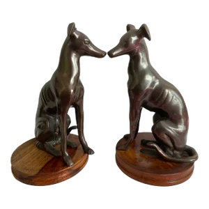 Mid 20th Century Art Deco French Bronze Figural Dog Greyhound Whippet Bookends - a Pair
