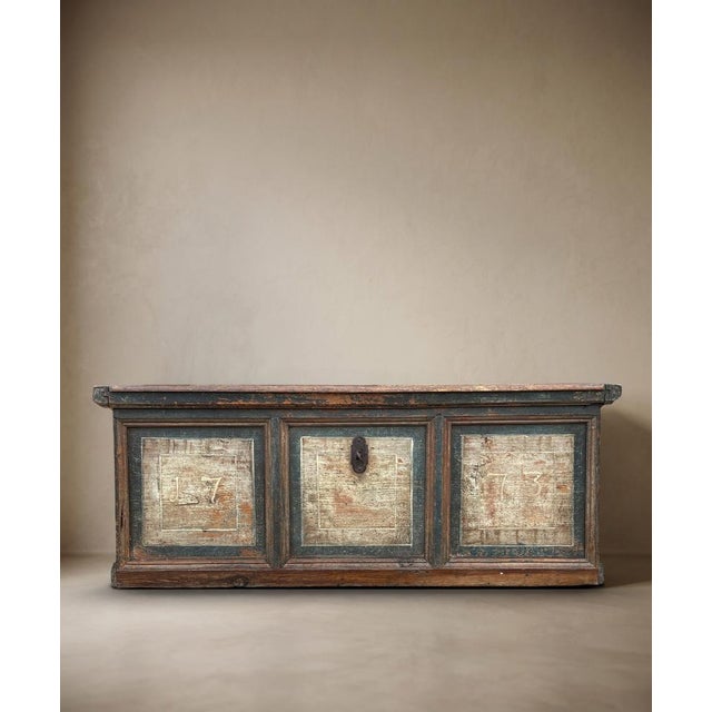 Antique Painted Chest dated 1773 An exceptional antique painted chest dated 1773, showcasing a distinctive blue-green...