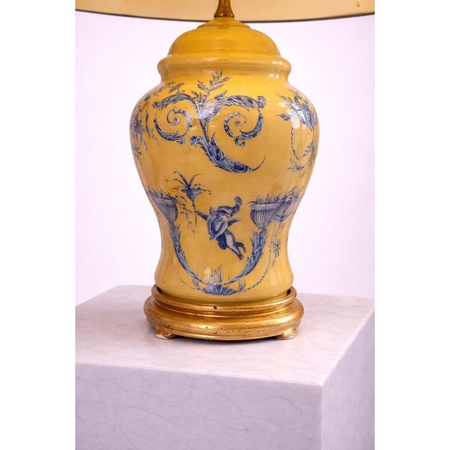 Glass Italian Yellow Glazed Porcelain Table Lamp with Blue Rococo Motif, 1950s For Sale - Image 7 of 10