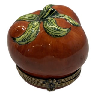 1960s Limoges France Porcelain Tomato Trinket Box — Chamart Exclusive, Hand-Painted For Sale