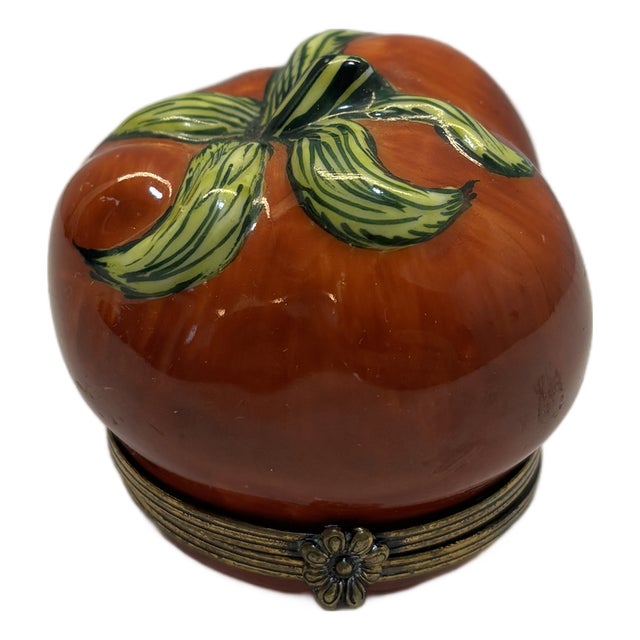 1960s Limoges France Porcelain Tomato Trinket Box — Chamart Exclusive, Hand-Painted For Sale