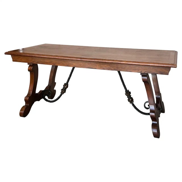 20th Century Spanish Oak Lyre Legs Trestle Dining Farm Table For Sale - Image 12 of 12