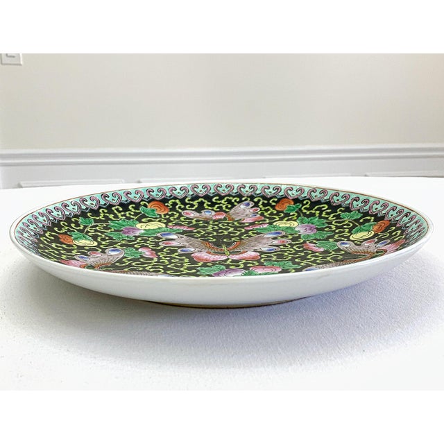 Mario Buatta Vintage Chinoiserie Large 14" Butterflies Floral Round Platter Centerpiece Ceramic Dish For Sale - Image 4 of 13