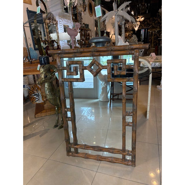 Traditional Vintage Palm Beach Coastal Faux Bamboo Pagoda Greek Key Wall Mirror For Sale - Image 3 of 10