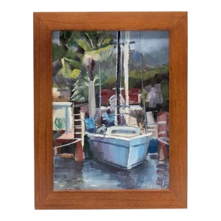 Small Nautical Original Oil Painting by Dipali Rabadiya of Sailboat in Tropical Setting - 5 X 7” in 7.5 X 9.5” Wooden Frame For Sale