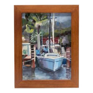 Small Nautical Original Oil Painting by Dipali Rabadiya of Sailboat in Tropical Setting - 5 X 7” in 7.5 X 9.5” Wooden Frame