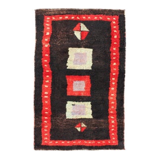 Modern Mid-20th Century Turkish Tulu Rug With Geometric Shapes in Vivid Red, Brown For Sale