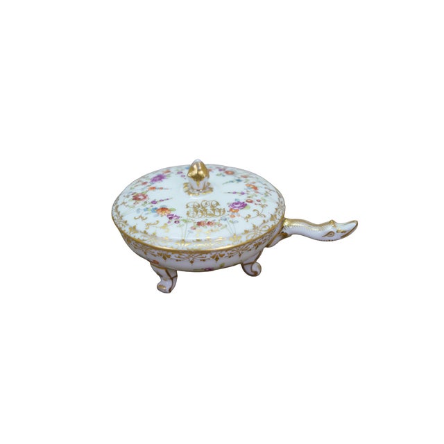 Antique Dresden turtle soup bowl or compote featuring footed base with hand painted floral motif and gold accents with...