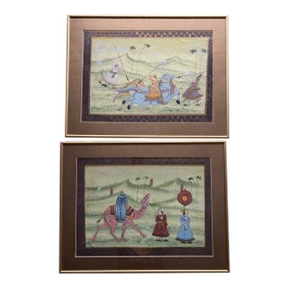 19th Century Rajasthan India Hunting Scene Paintings, Framed - a Pair For Sale