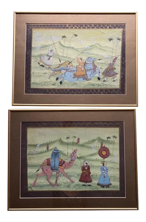 19th Century Rajasthan India Hunting Scene Paintings, Framed - a Pair