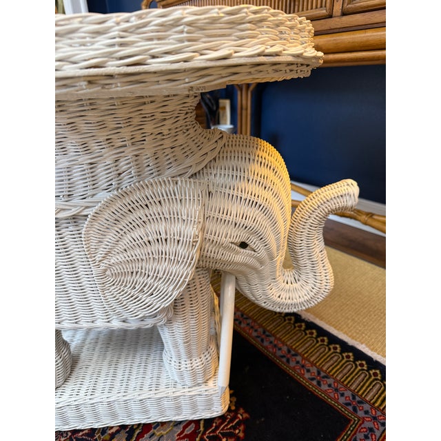 Vintage White Wicker Elephant Side Table, Trunk Up For Sale - Image 9 of 9