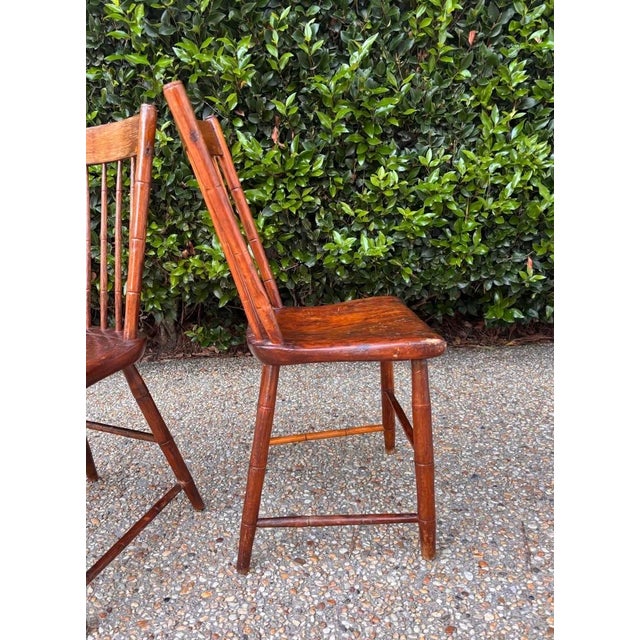 Mid 19th Century Rustic Primitive Small Scale Mid 19th Century Bamboo-Turned Windsor Side Chairs With Single Board Seats, a Pair For Sale - Image 5 of 9