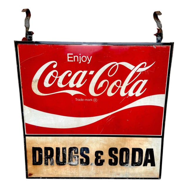 1960s Coca-Cola Trade Sign 'Drugs & Soda' From WPB, Florida Clematis Street For Sale
