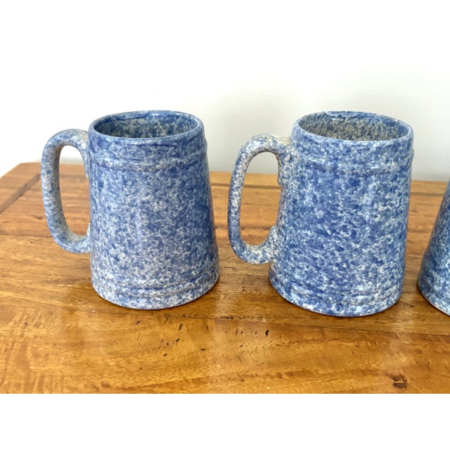 American 1970s Blue Spongeware Pottery Coffee Mugs - Set of 4 For Sale - Image 3 of 8