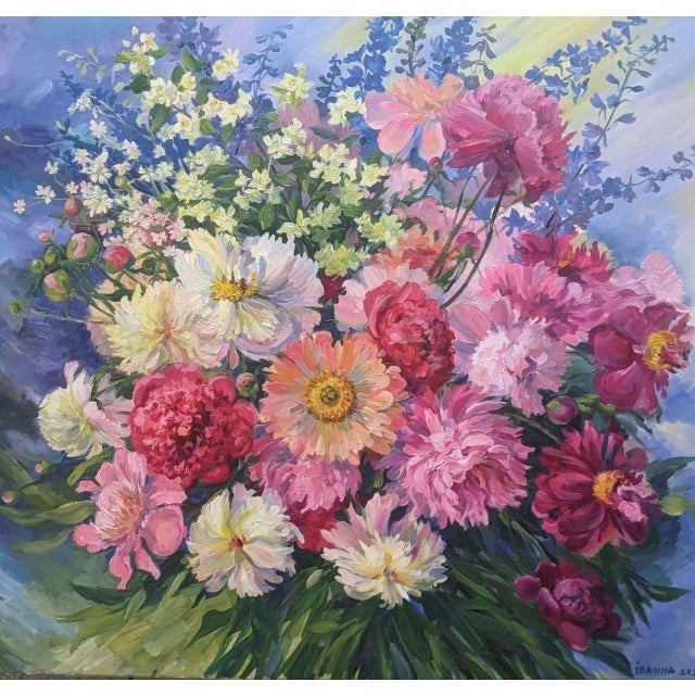Ivanna Hamuliak Floral Still Peony Original Oil Painting on Canvas Still Life For Sale