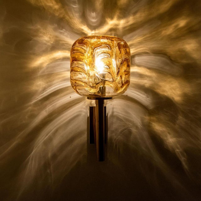 Murano Yellow Glass and Brass Wall Lights attributed to Doria Leuchten, 1960s, Set of 2 For Sale - Image 6 of 13