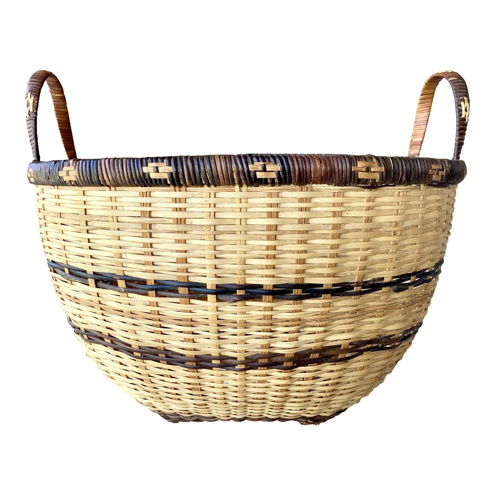 Circa 19701985 Handwoven Rattan & Nito Vine EarHandle Basket