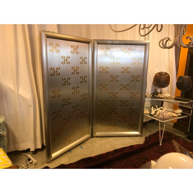 Pierced-Cut Aluminum and Brass, 2 Panel Folding Sceen For Sale - Image 9 of 9