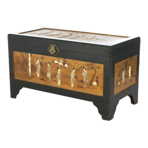 Antique Chinese Lacquered Ebonized & Gilt Blanket Chest with Mother of Pearl