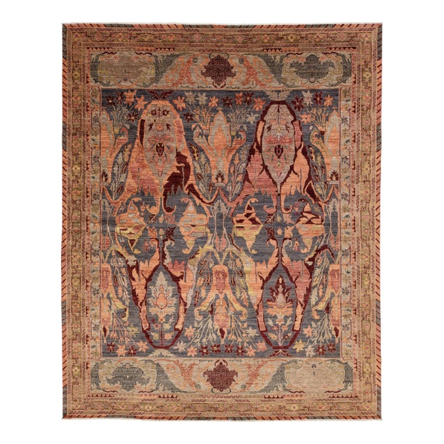 Modern Bidjar Style Hand-Knotted Wool Rug –Botanical Motifs in Blue & Terracotta For Sale