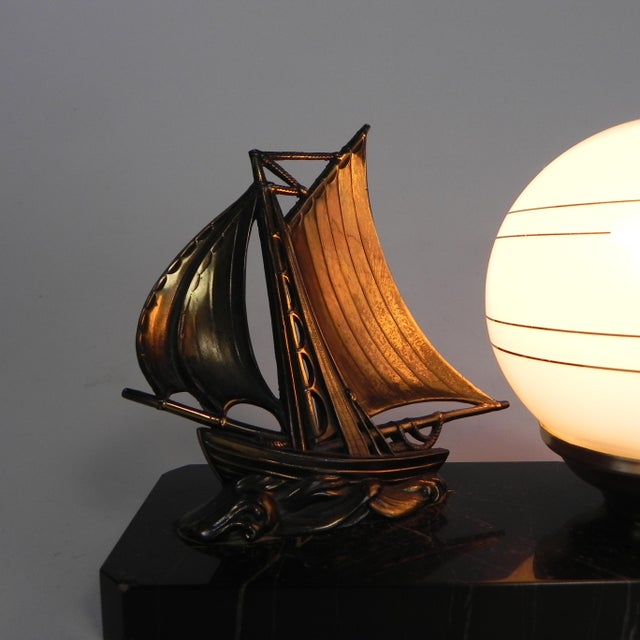 Art Deco Desk Lamp with Sailboat and Globe on Marble Base, 1930s For Sale - Image 13 of 16