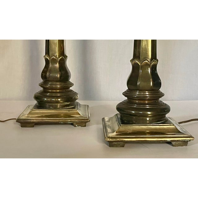 Traditional Vintage Candlestick Brass Table Lamps- A Pair For Sale - Image 3 of 7