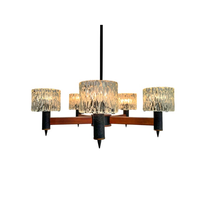 Teak and Textured Glass Chandelier by Carl Fagerlund for Orrefors, 1960s For Sale - Image 6 of 16