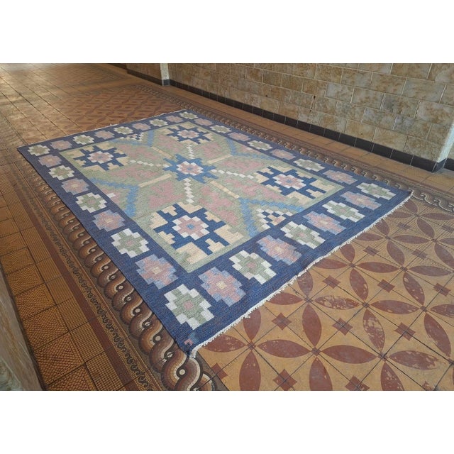 Textile Mid-Century Swedish Wool Flatweave Rug with Geometric Design For Sale - Image 7 of 12
