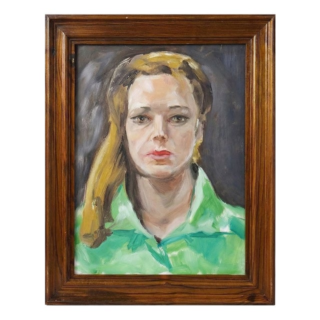 Portrait of Woman in Green, Oil on Canvas, 1980s, Framed For Sale
