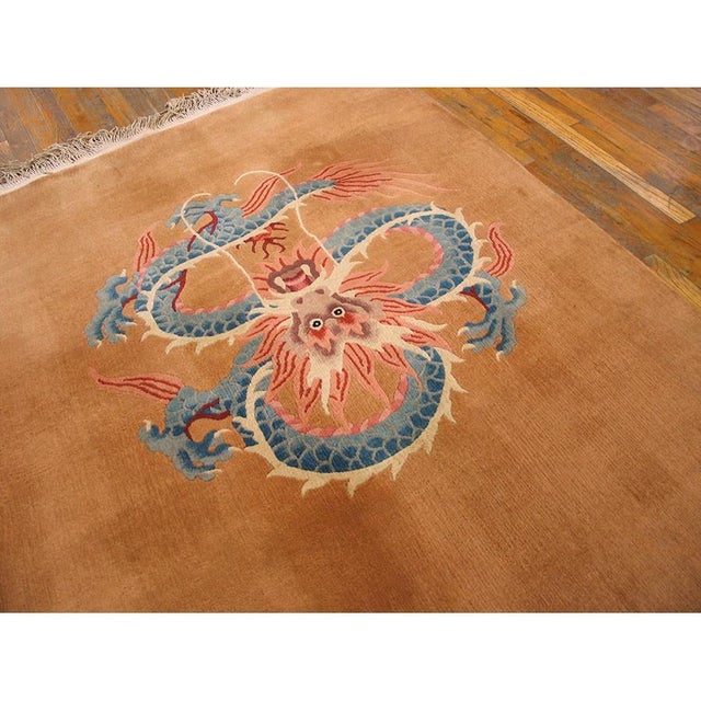 1920s Tan Sand Open Field Minimalist Dragon Antitque Chinese Art Deco Wool Rug For Sale - Image 4 of 7