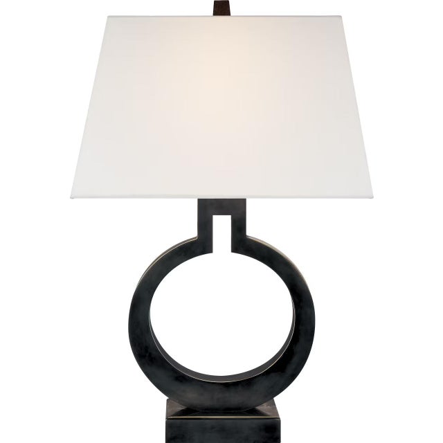 Modern Chapman & Myers by Visual Comfort Signature Ring Form Small Table Lamp in Bronze with Linen Shade For Sale - Image 3 of 3