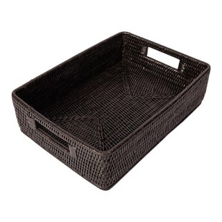 Artifacts Rattan Rectangular Storage Basket with Rounded Corners in Tudor Black - 14" For Sale