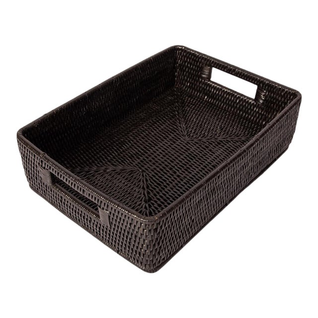 Artifacts Rattan Rectangular Storage Basket with Rounded Corners in Tudor Black - 14" For Sale