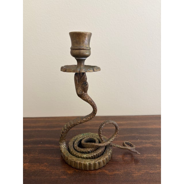 Metal Antique French Brass Serpent Snake Candle Holders, Pair For Sale - Image 7 of 14