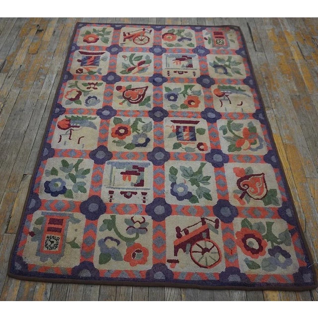 Notable Tan Beige Color With Splendid Floral and Figurative Designs Antique American Hooked Rug For Sale - Image 4 of 12