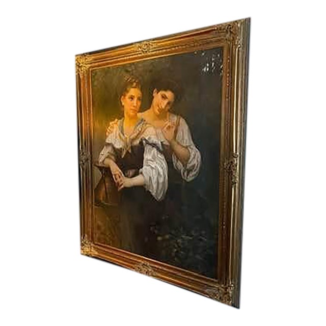 Vintage Reproduction Painting-Oil on Canvas After William-Adolphe Bouguereau,”The Secret”-Beautiful Ornate Frame For Sale