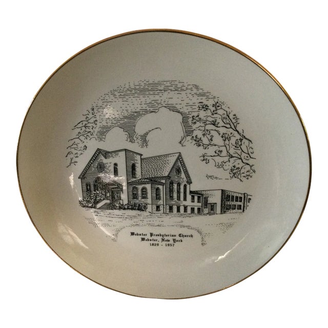 1950s Vintage Porcelain Church and Gold Edge Hand Painted Decor Plate For Sale