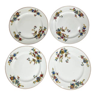 Vintage Charles Ahrenfeldt Limoges France Dinner/Salad Plate - Set of 4, Florals & Birds, Yellow Band, Smooth For Sale