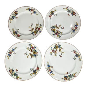 Vintage Charles Ahrenfeldt Limoges France Dinner/Salad Plate - Set of 4, Florals & Birds, Yellow Band, Smooth